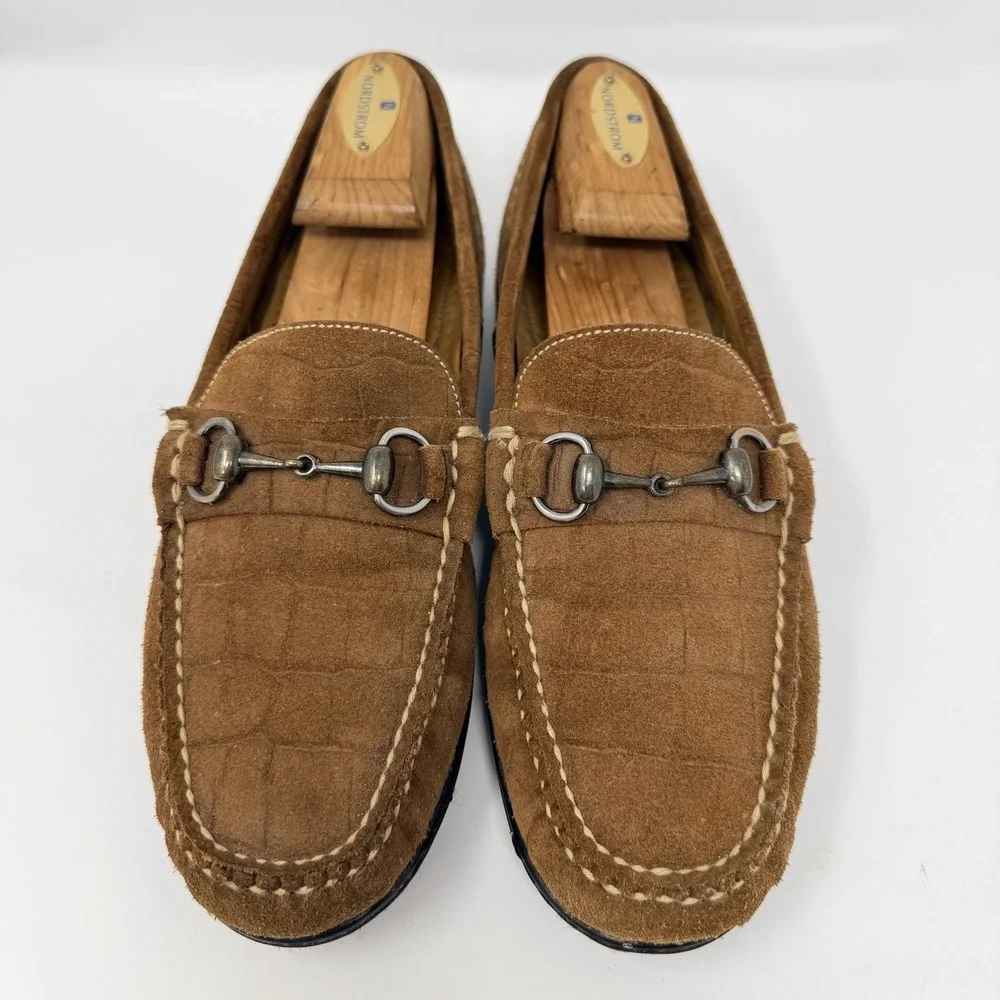 Martin Dingman Croc Embossed Suede Bit Loafers Mens 8.5 M Brown Cognac Driving